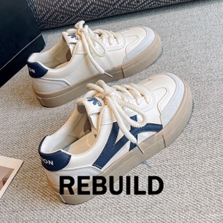 REBUILD รองเท้าผ้าใบผู้หญิง สีขาว พื้นหนา รองเท้าผ้าใบส้นสูงส้นหนา รองเท้าแฟชั่น ผูกเชือก 2023 NEW B95F4BY 37Z230911