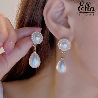 Ellastore123 ต่างหูระย้า รูปหยดน้ํา ประดับไข่มุกเทียม สีทอง สไตล์เรโทร เครื่องประดับแฟชั่น