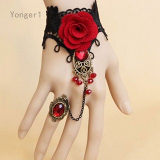 Yonger สร้อยข้อมือลูกไม้ ลายดอกไม้ สีแดง สไตล์พังก์ วินเทจ เซ็กซี่