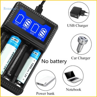 Rox เครื่องชาร์จแบตเตอรี่อัจฉริยะ 4 Bay AA AAA พร้อมหน้าจอ LCD สําหรับ NiMH AA AAA