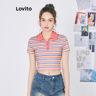 Lovito เสื้อยืด กระดุมด้านหน้า ลายทาง คัลเลอร์บล็อค สไตล์เพร็พพี่ สำหรับผู้หญิง L59ED046 (หลากสี)