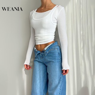 Weania ใหม่ เสื้อยืดครอป แขนยาว ทรงสลิมฟิต ฤดูใบไม้ร่วง สําหรับผู้หญิง