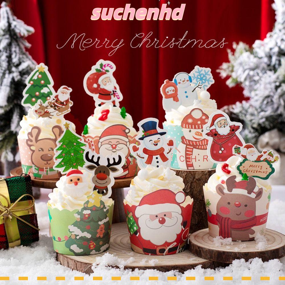 Suchenhd ถ้วยอบเค้ก ลายคริสต์มาส ทนความร้อน DIY สําหรับห่อของขวัญ คัพเค้ก 50 ชิ้น