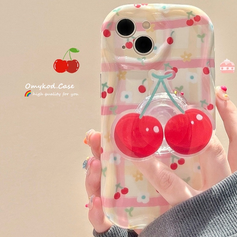 Ready Stock Compatible For iPhone 16 15 XR 14 13 11 12 Pro Max 8 7 6 6s Plus SE 2020 XS Max Checkered Cherry Phone Case & Holder Soft Protection Back Cover