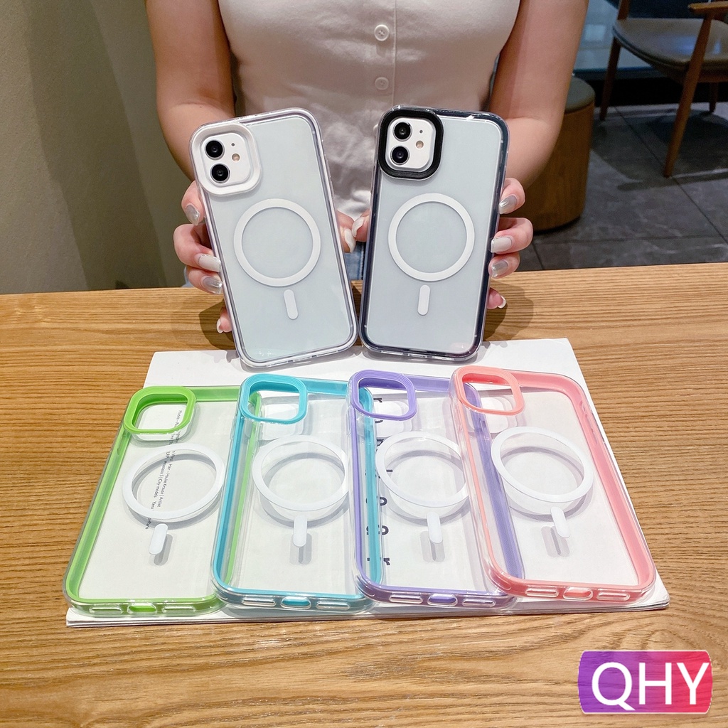 Qhy - เคสโทรศัพท์มือถือ ซิลิโคนนิ่ม ใส กันกระแทก แข็งแรงมาก หลากสี สําหรับ iphone 15 11 12 13 14 pro max 2 in 1