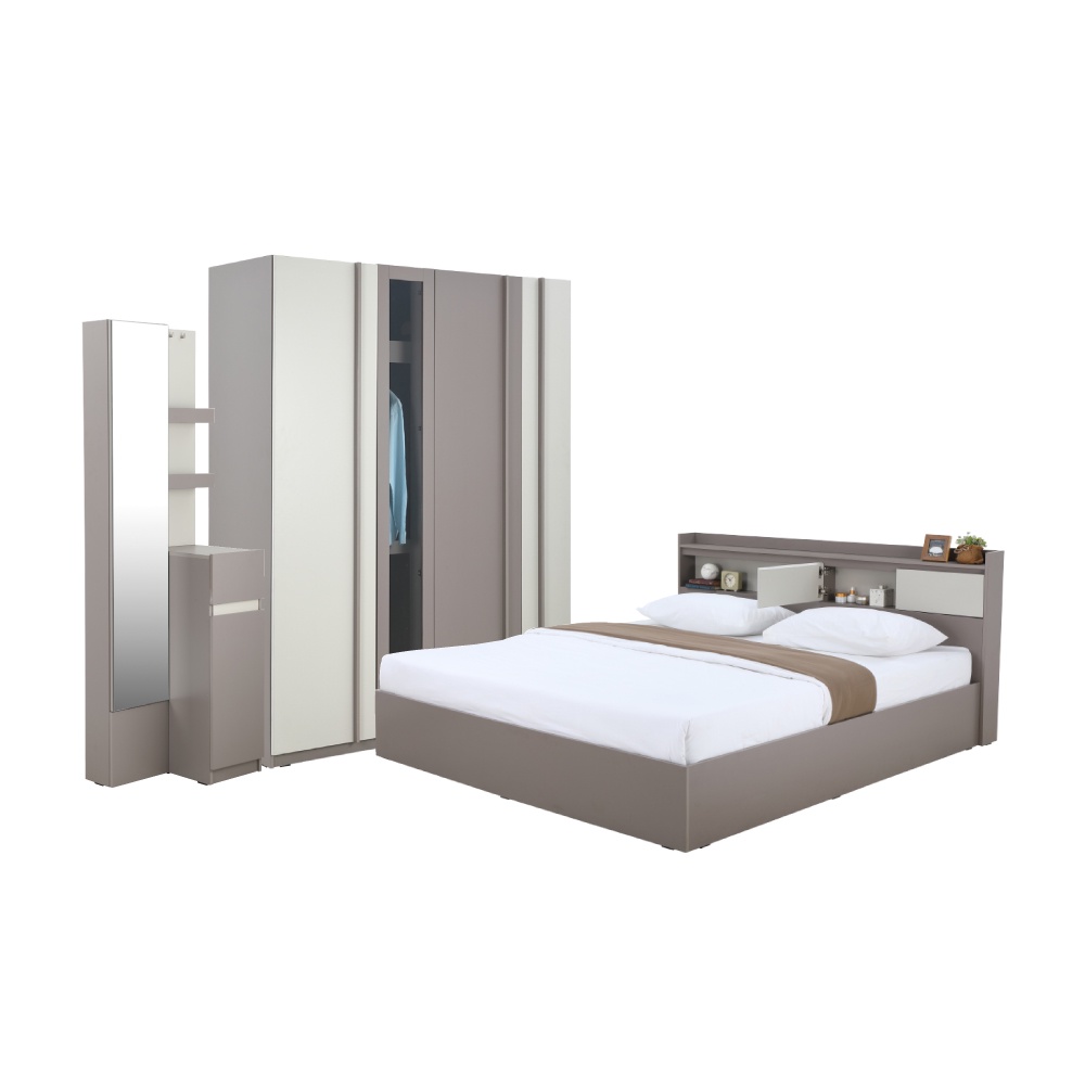 INDEX LIVING MALL ชุดห้องนอน รุ่นมิวนิค ขนาด 5 ฟุต (เตียง, ตู้เสื้อผ้า 4 บาน, โต๊ะเครื่องแป้ง) - สีโอวัลติน/หินทราย
