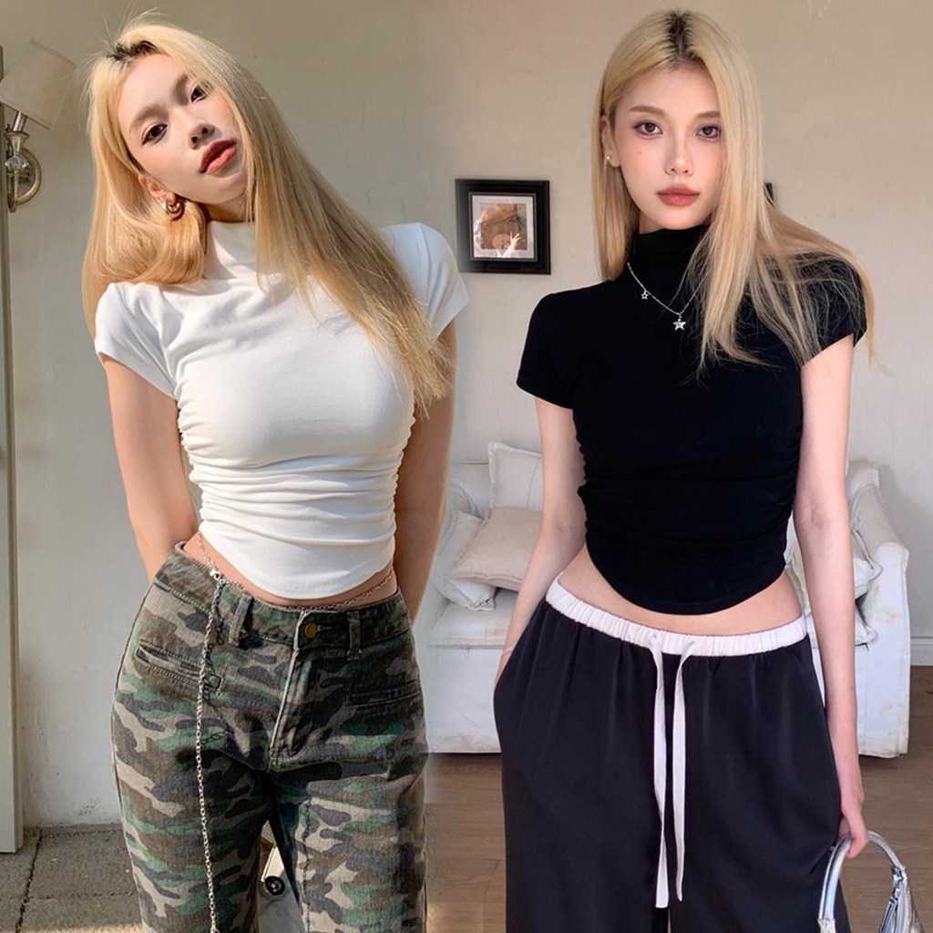 mimi&did เสื้อยืดแขนสั้นฝ้ายสีขาวเซ็กซี่ คอเต่าครึ่งตัวผู้หญิงทรงเข้ารูปสั้นเสื้อรัดรูป สไตล์เกาหลี#