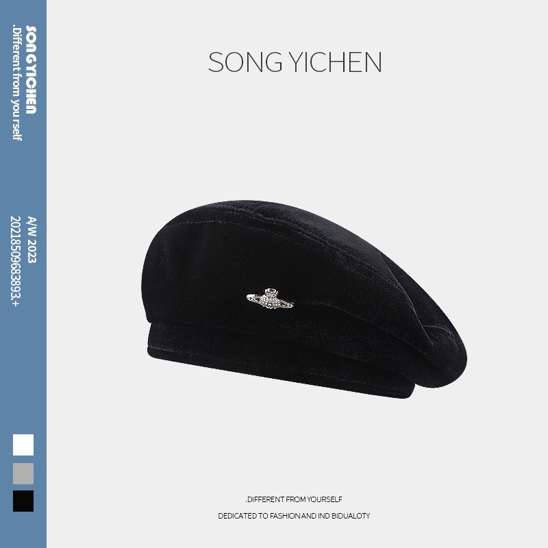 หมวกเบเร่ต์ ผ้ากํามะหยี่ สีดํา แฟชั่นทันสมัย สไตล์เกาหลี สําหรับผู้หญิง