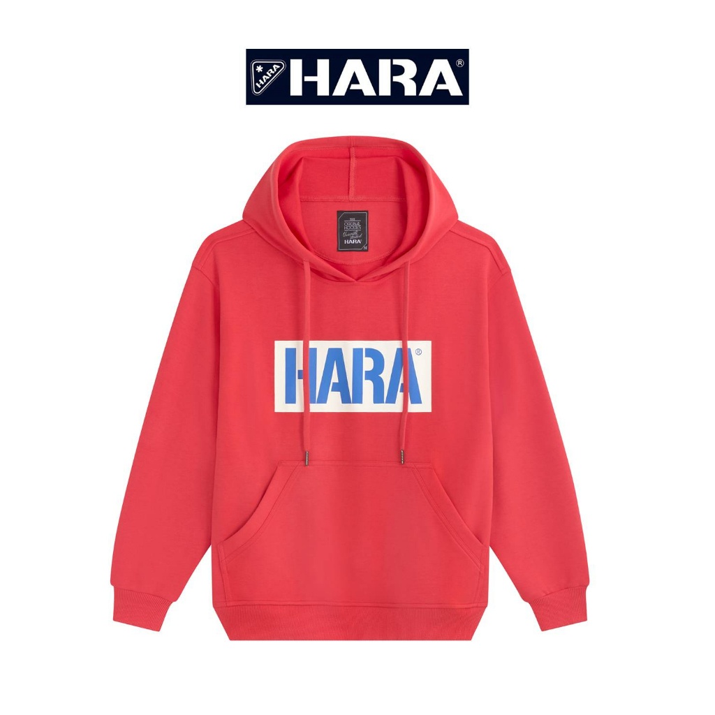[ส่งฟรี] Hara ฮาร่า ของแท้ เสื้อกันหนาว  สเวตเตอร์ มีฮู้ด Unisex  สีแดง สกรีนลาย Cotton 100% คุณภาพดี ผ้ายืดใส่สบาย