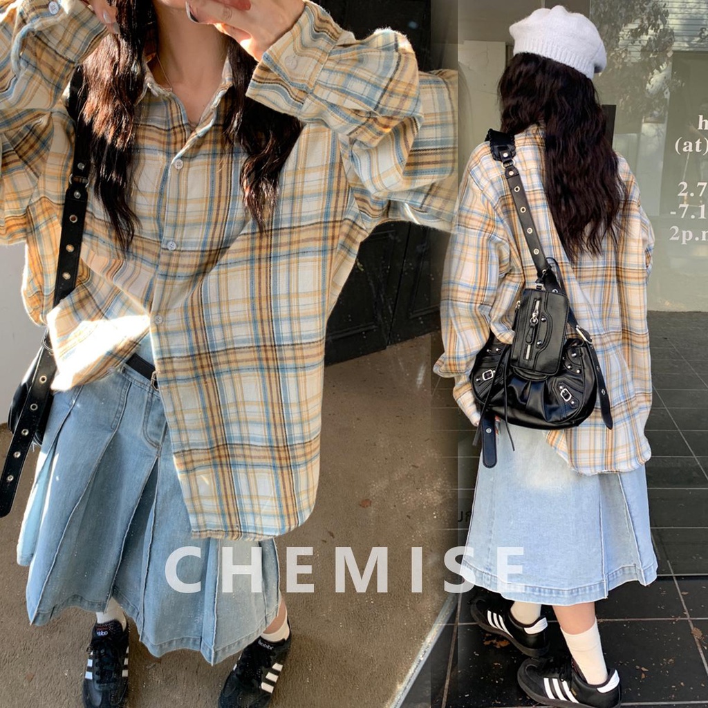 mimi&didi เสื้อแขนยาวลายสก๊อตวินเทจผู้หญิง เสื้อทรงหลวมสุดชิค สไตล์เกาหลี เรียบง่าย#W235