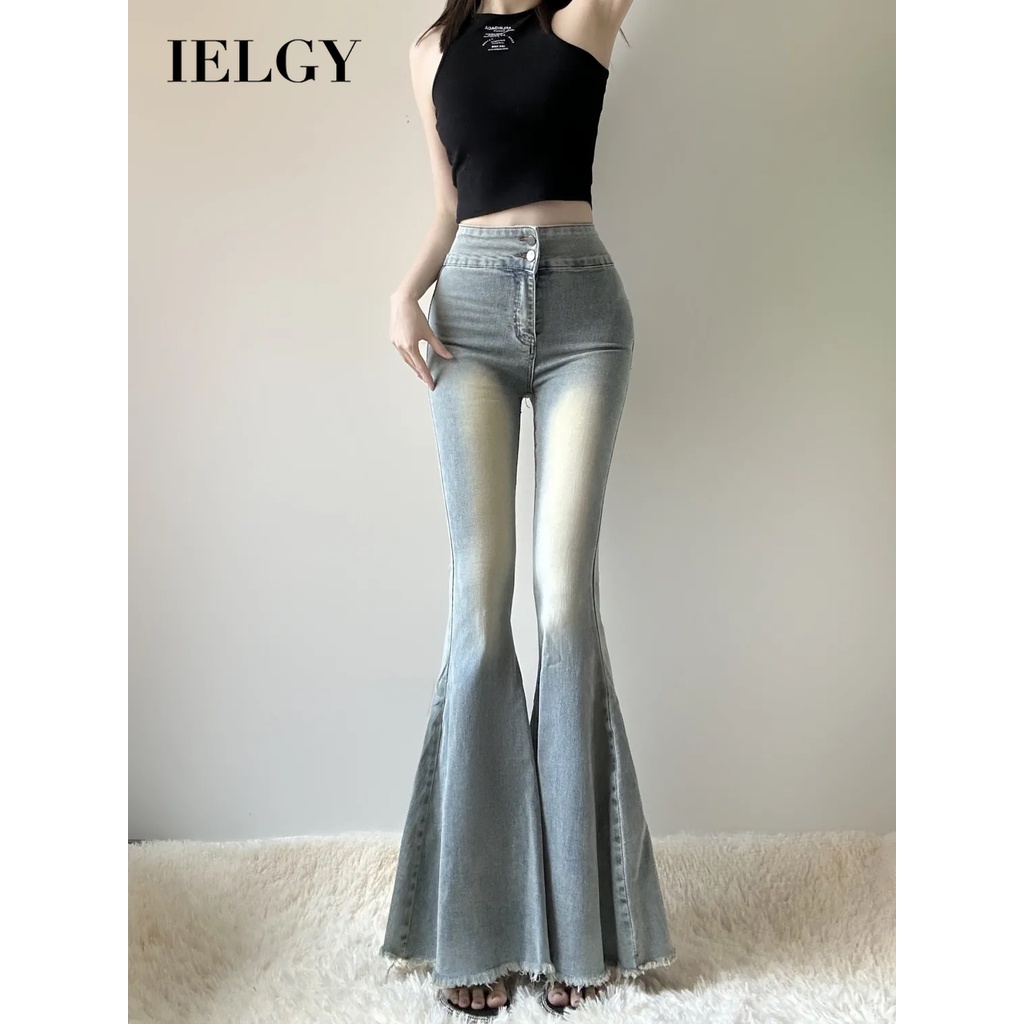Ielgy Fishtail กางเกงยีนส์ผู้หญิงเอวสูง Slim Retro ยืดกางเกงขากว้างถูพื้น