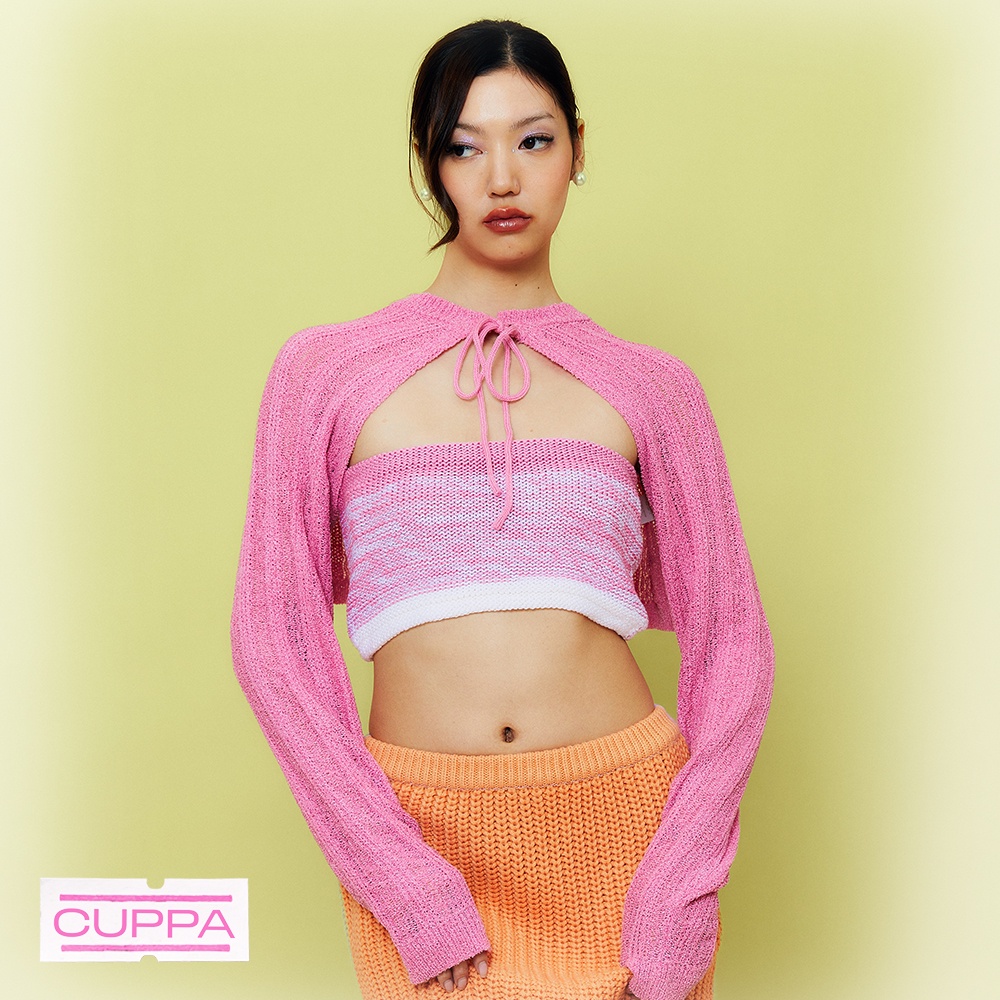 CUPPA - Baby powder (6 สี) เสื้อคลุมแขนยาวไหมพรม ครอป ผูกโบว์ด้านหน้า CUP1