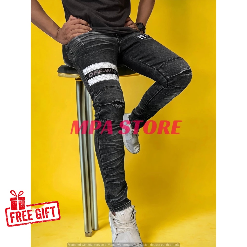 SELUAR JEANS SKINNY KOYAK BB WHITE STRIPE / JEANS KOYAK KAIN GETAH / RIPPED JEANS