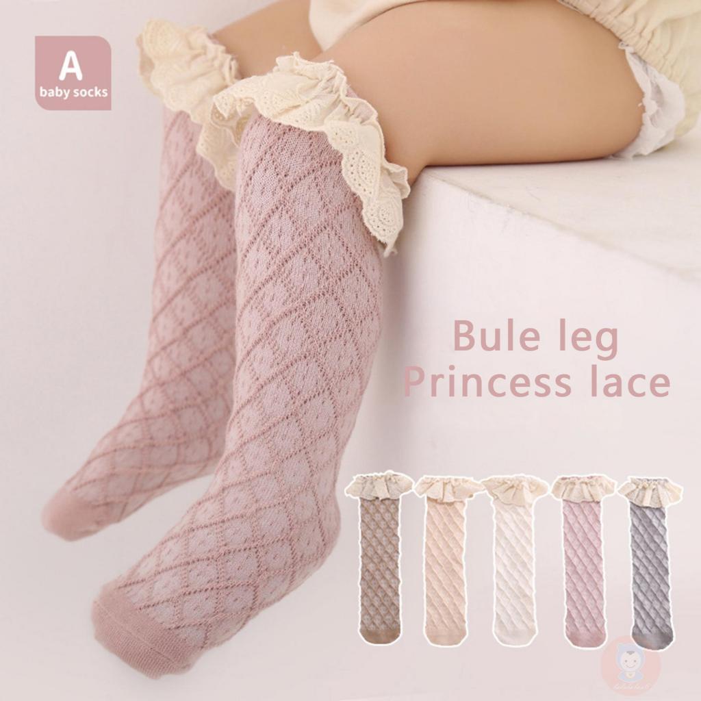 Laa6-toddler Girls Breathable Knit Lace Ruffle Princess Knee High Socks