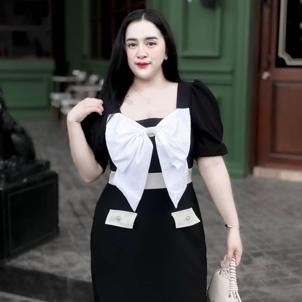 เดรสโบว์หน้า สไตล์สาวเวียด ผ้าฮานาเร่ ทรงสวยเป๊ะ มีซิปหลัง
