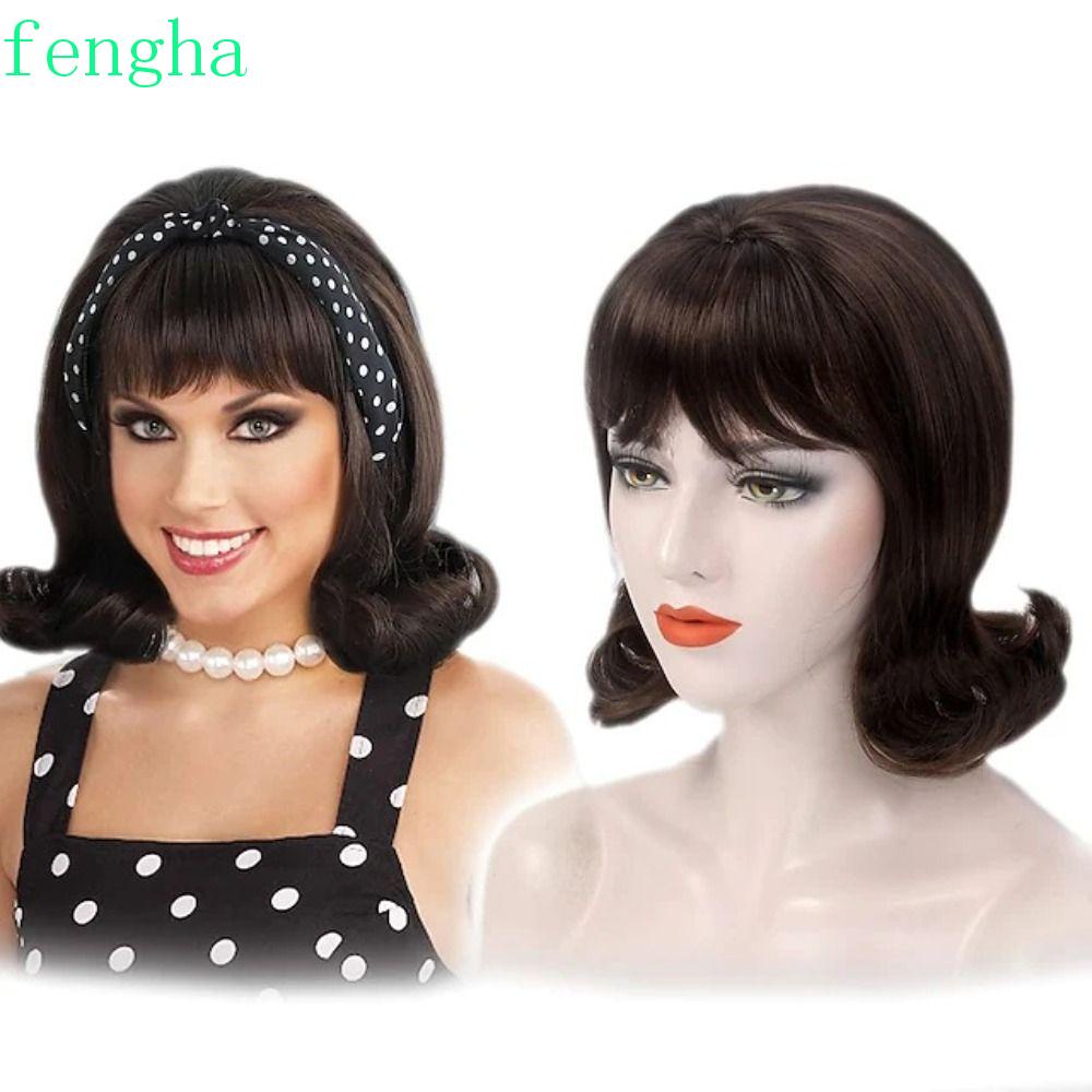 Fengha วิกผมสั้นหยิก สีดํา ทนความร้อน ไฟเบอร์ ย้อนยุค คอสเพลย์ วิกผมสีน้ําตาล มองไม่เห็น ธรรมชาติ ย้อนยุค วิกผมรังผึ้ง บาร์