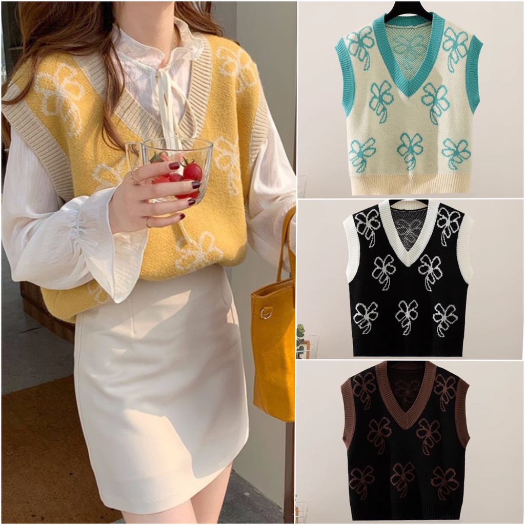 พร้อมส่ง  เสื้อไหมพรมแขนกุด ปักลายดอกไม้ สุดน่ารัก