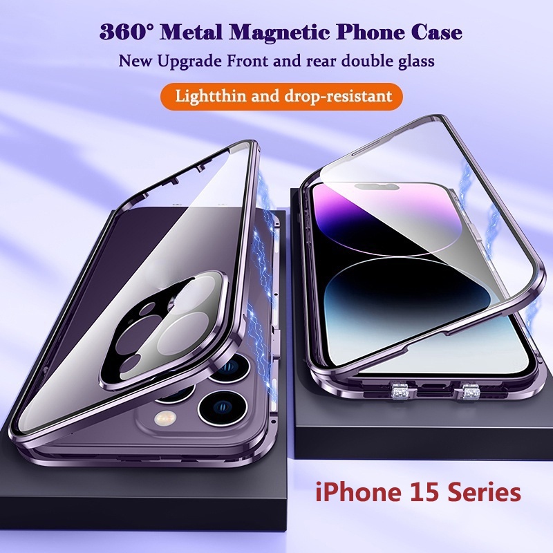 360° เคสโทรศัพท์มือถือแบบแก้ว โลหะ แม่เหล็ก สองด้าน สีม่วง สําหรับ iPhone 15 14 13 Pro Max Plus iPhone 11