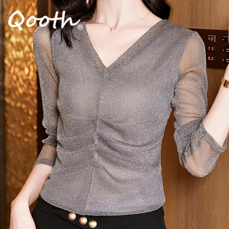 Qooth เสื้อเชิ้ต คอวี ผ้าตาข่าย แบบบาง หรูหรา แฟชั่นฤดูใบไม้ผลิ ฤดูใบไม้ร่วง สําหรับผู้หญิง QT2267