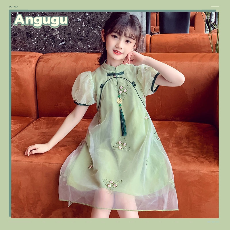 Angugu ใหม่ ชุดเดรสกี่เพ้า สีเขียว สไตล์จีน แฟชั่นฤดูร้อน สําหรับเด็กผู้หญิง อายุ 3-12 ปี 2023