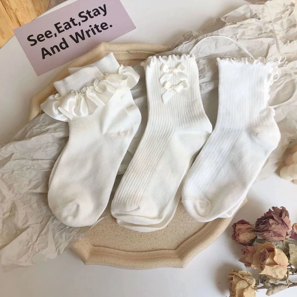 🌈พร้อมส่งจากไทย🧦ถุงเท้าผู้หญิงญี่ปุ่น jk สีทึบ ถุงเท้าลูกไม้โบว์ นุ่ม สบาย