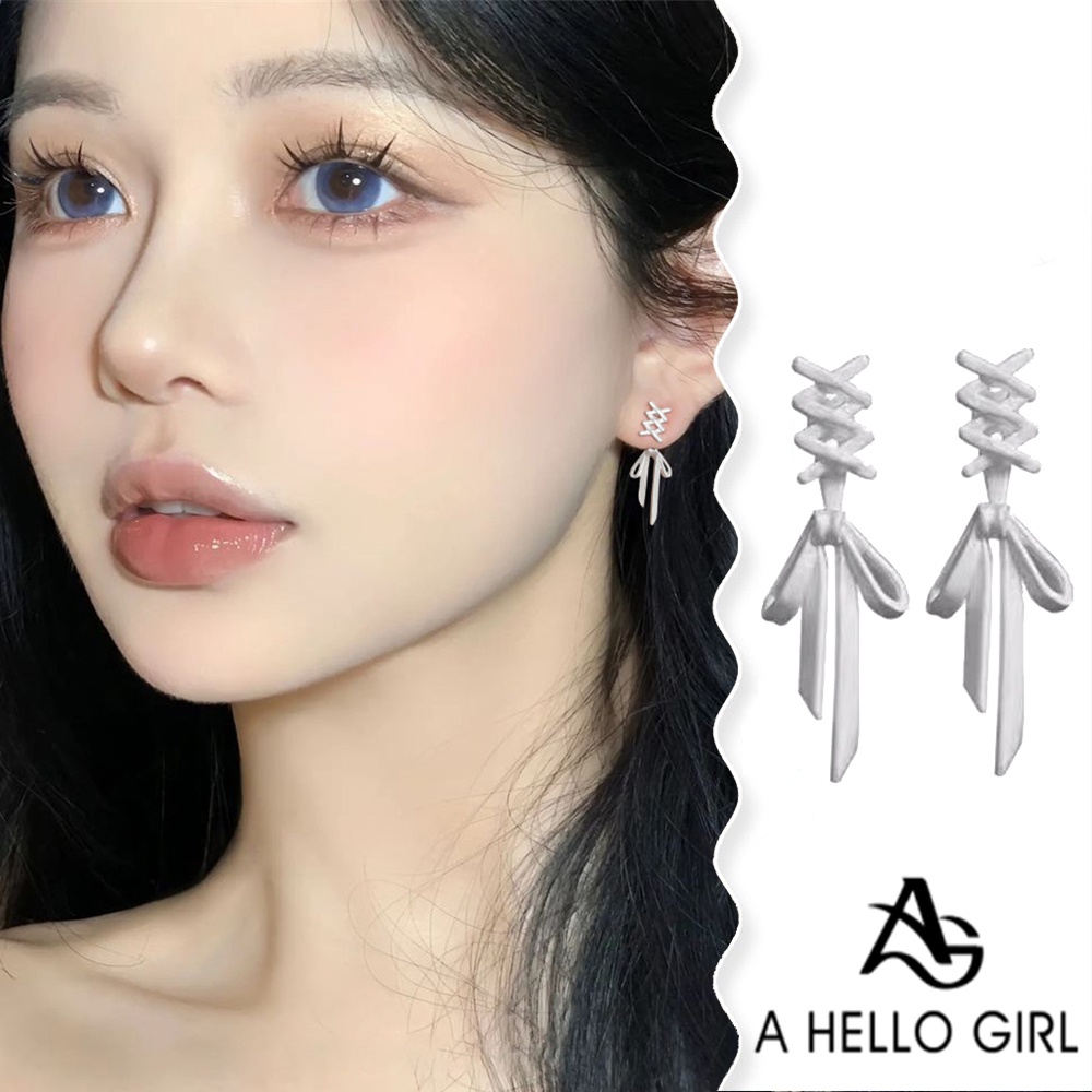 A HELLO GIRL ต่างหูเงิน 925 รูปริบบิ้น สีขาวล้วน เครื่องประดับ สําหรับผู้หญิง