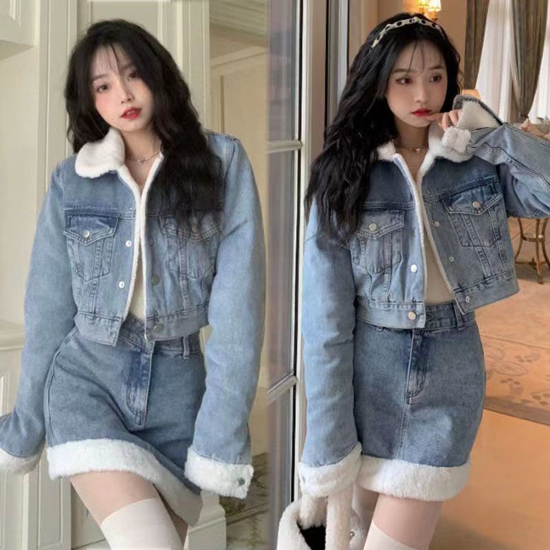 เสื้อแจ็กเก็ตยีนสั้น ผ้าขนแกะ สองชิ้น แฟชั่นฤดูหนาว สําหรับผู้หญิง