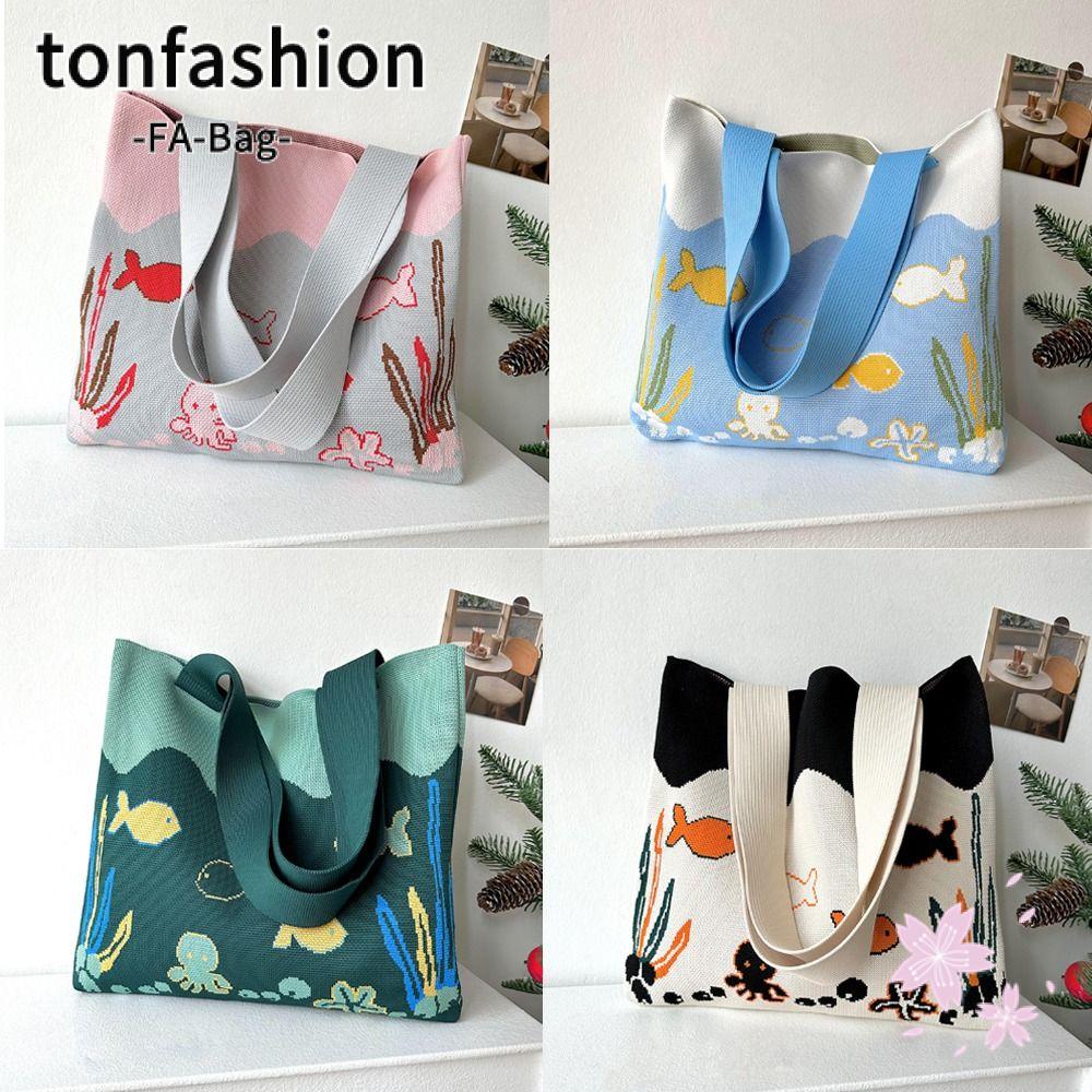 Tonfashion กระเป๋าสะพายไหล่ กระเป๋าถือ ผ้าถัก ขนาดใหญ่ จุของได้เยอะ ลายการ์ตูนปลาหมึก ใช้ซ้ําได้ แฟชั่นสําหรับสตรี