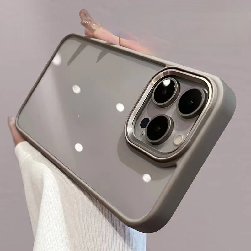 เคสโทรศัพท์มือถืออะคริลิคใส แบบแข็ง ป้องกันกล้อง ด้านหลัง สีเทาไทเทเนียม สําหรับ IPhone 15 14 13 12 11 Pro Max 15 14 plus