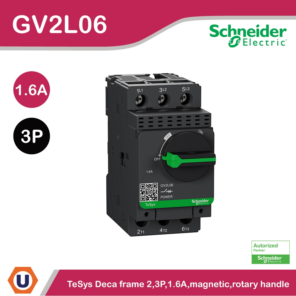 Schneider Electric Motor circuit breaker แบบลูกบิด,TeSys GV2, 3P, 1.6 A, 0.55 kw at 400 V l 
 GV2L06