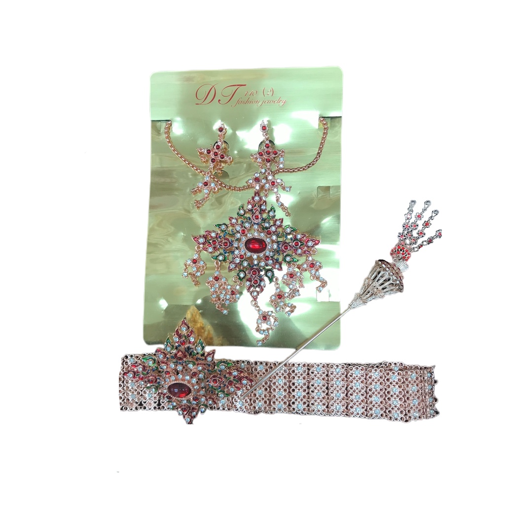 เครื่องประดับชุดไทย ชุดสีกุหลาบพร้อมส่ง มีทางเลือก สีกุหลาบ เข็มขัด สร้อยคอ กำไร สังวาลย์ สีนาค