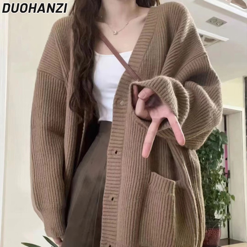 Duohanzi เสื้อกันหนาวคาร์ดิแกน ผ้าถัก คอวี สีพื้น สไตล์เกาหลี ฤดูใบไม้ร่วง และฤดูหนาว สําหรับผู้หญิง