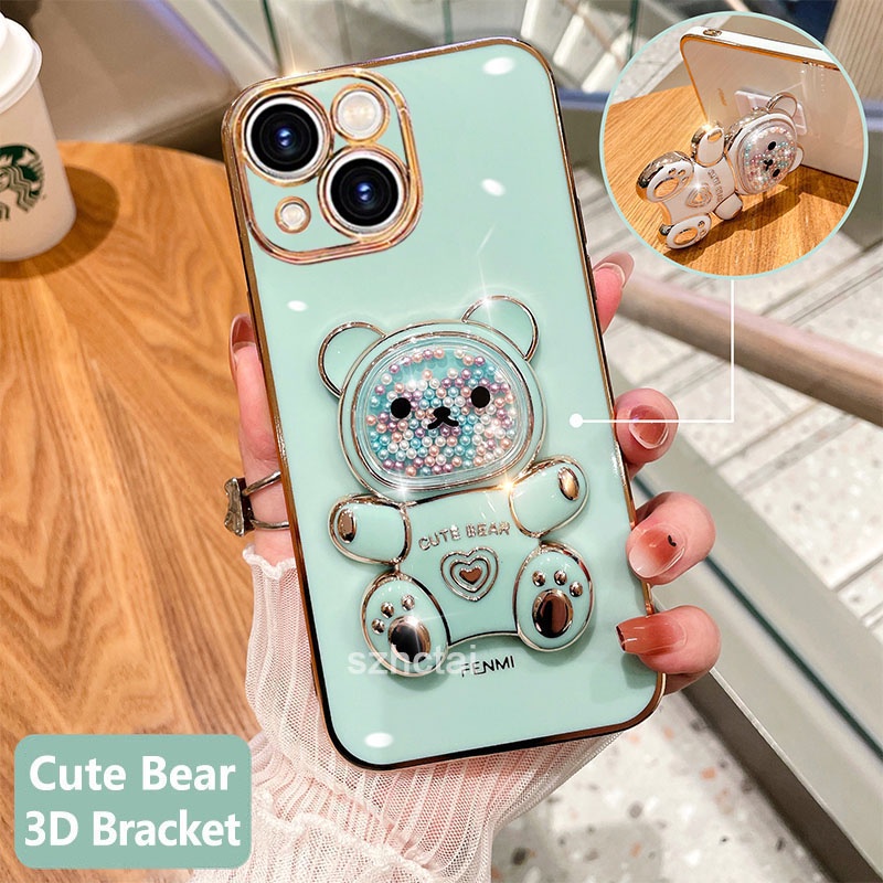 เคสโทรศัพท์ iphone 13 iphone 13 pro iphone 13 pro max เคสโทรศัพท์มือถือชุบนิ่ม ทรงสี่เหลี่ยม ลายหมีน