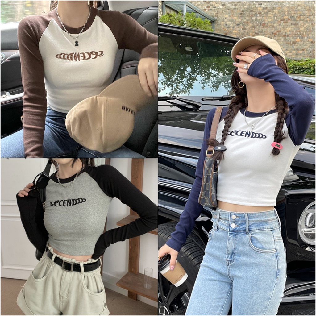 ccute พร้อมส่ง เสื้อเอวลอย ครอปรัดรูป เสื้อยืด แขนยาว คอกลม สายฝอ ผ้าร่อง แฟชั่น ผู้หญิง