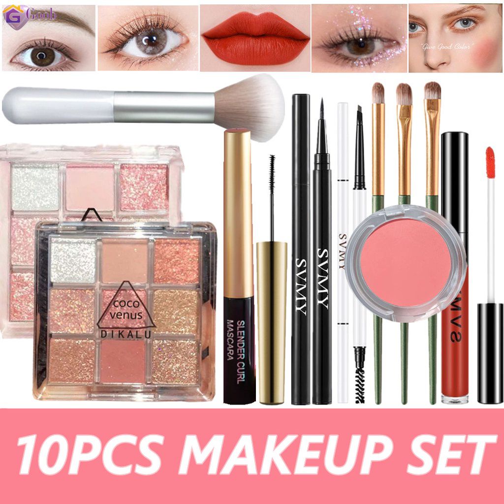 10 ชิ้นเครื่องสำอางแต่งหน้าชุด 9 สีแววอายแชโดว์พาเลทท์ลิปเคลือบมาสคาร่าอายไลเนอร์กันน้ำสีชมพูปัดแก้ม 3 ชิ้นอายแชโดว์แปรงคิ้วดินสอแต่งหน้าแปรงเครื่องสำอางราคาไม่แพง S 【goob】