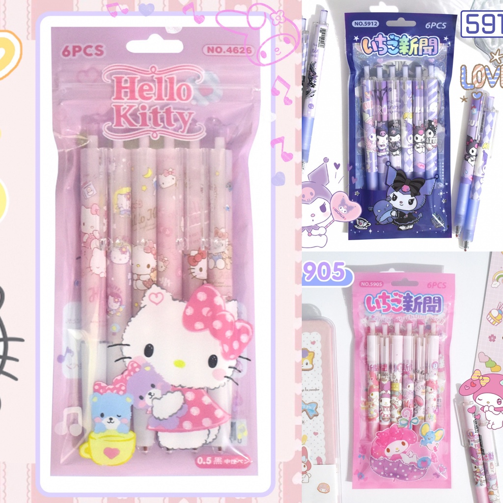 ปากกาเจล Sanrio (6 ชิ้น) หมึกสีดํา 0.5 มม. ปากกาเครื่องเขียนน่ารัก Kuromi Kitty My Me Sanrio | Bluerubystore