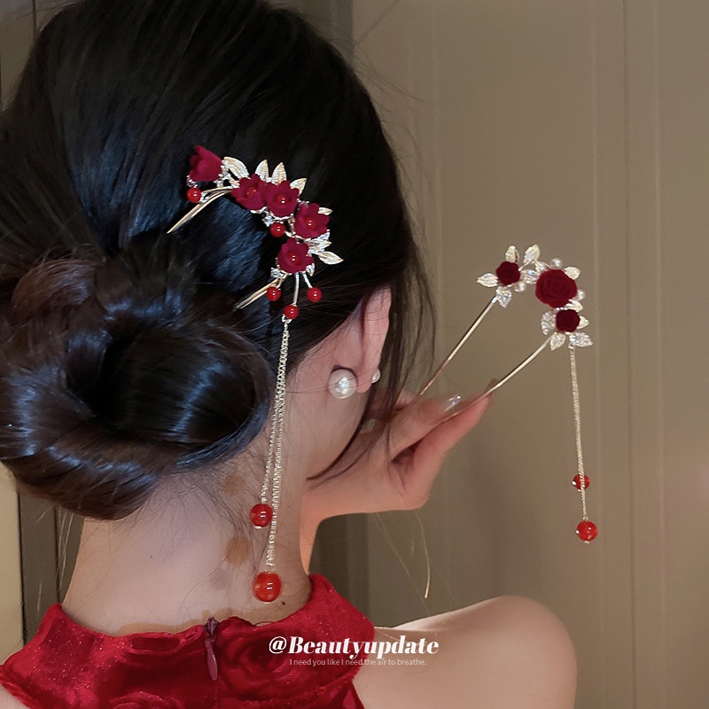 กิ๊บติดผม ประดับเพชร และไข่มุก ลายดอกไม้ สีแดง สไตล์จีน ระดับไฮเอนด์ สําหรับเจ้าสาว