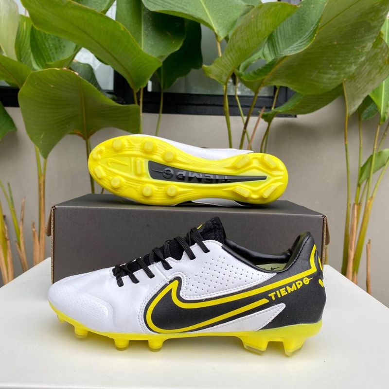 สันทนาการ Sepatu Bola Nike Tiempo Legend 9 Elite สีขาว สีดำ สีเหลือง Alert FG