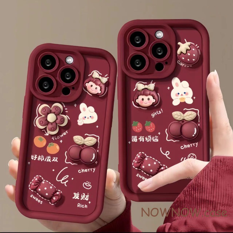 ซื้อ เคสโทรศัพท์มือถือ แบบนิ่ม ลายการ์ตูนสตรอเบอร์รี่ เชอร์รี่ 3D แฮนด์เมด สําหรับ iPhone 15 14 13 12 11 Pro MAX X XR XS MAX 7 8 Plus