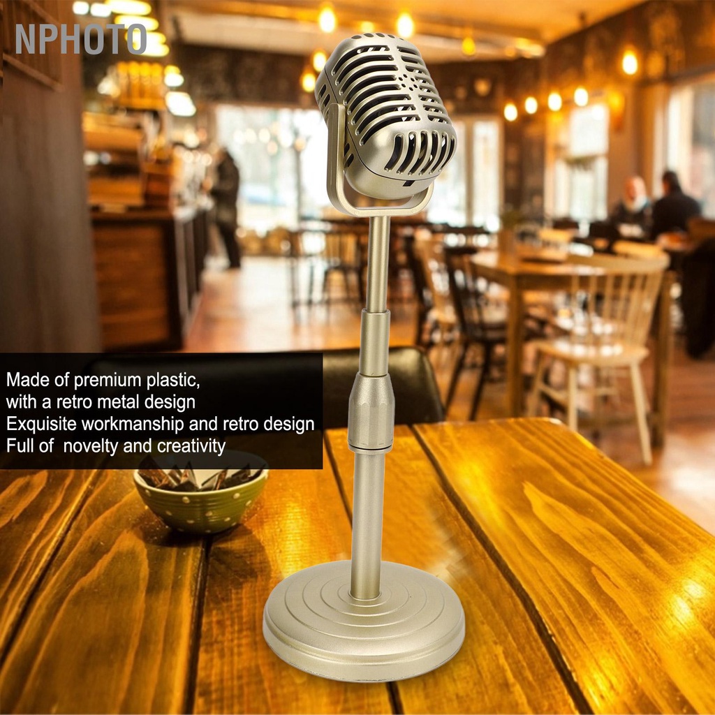 Nphoto จำลองไมโครโฟนแบบเก่าพร้อมฐานที่มั่นคงและรองรับก้านไมค์สไตล์ย้อนยุค Prop ชุดสำหรับการถ่ายภาพ