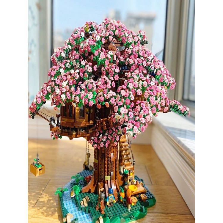 เข้ากันได้กับอิฐ LEGO อนุภาคขนาดเล็กของบ้านต้นไม้ซากุระและการประกอบของเล่นช่อดอกไม้แสนโรแมนติกสำหรั