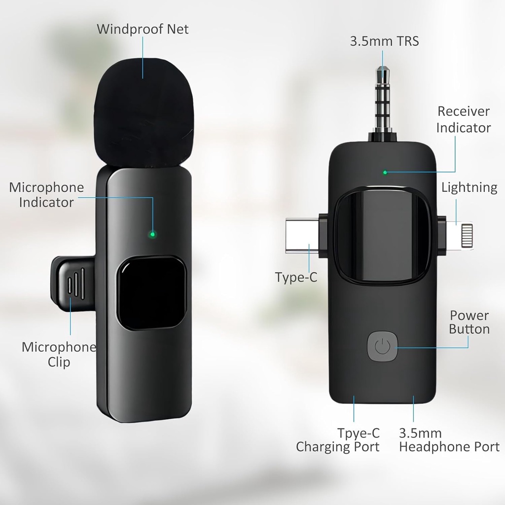 3 in 1 Wireless Microphone for Ios, Camera, Android, iPad, Mini Microphone