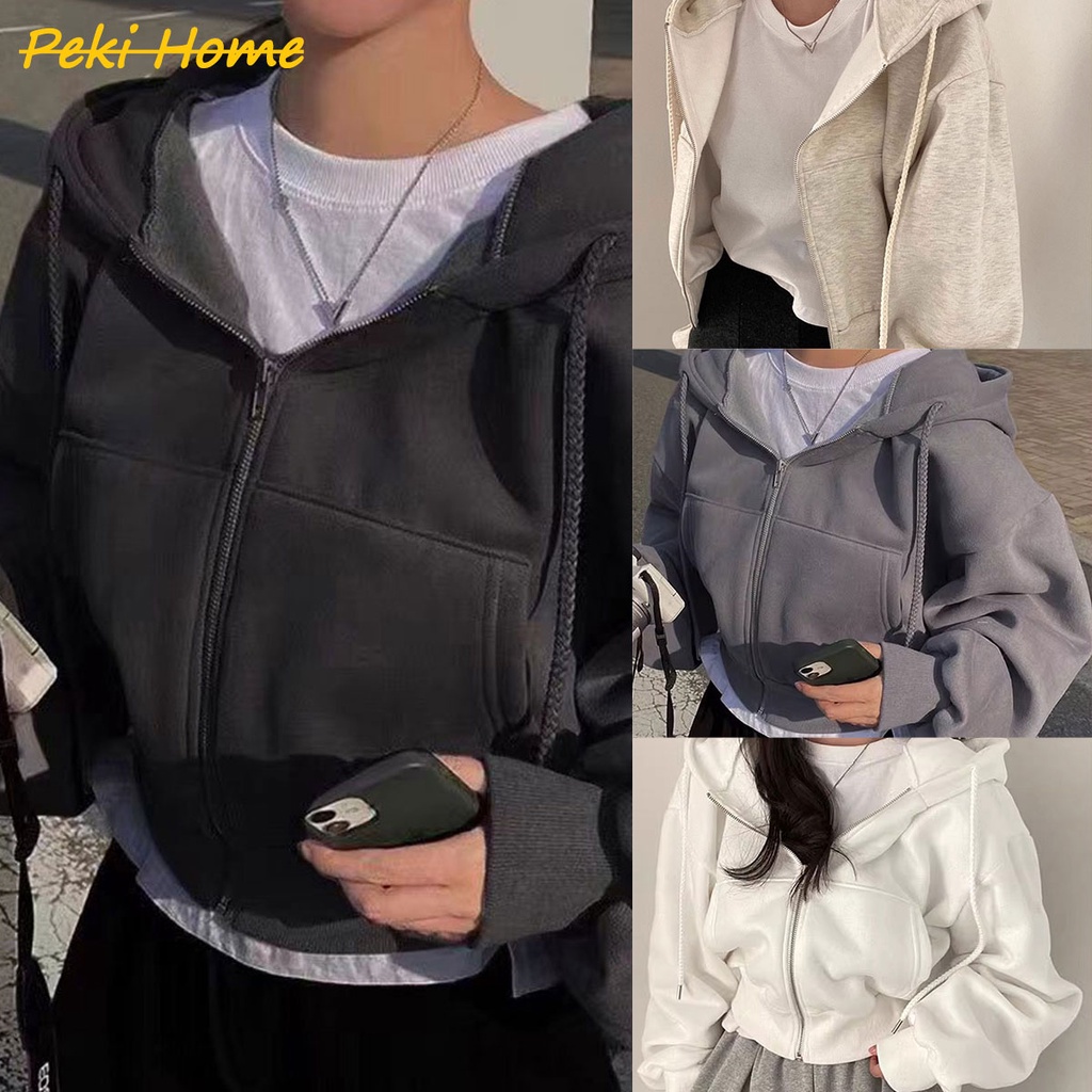 เสื้อครอปกันหนาว มีฮู้ด แต่งซิปหน้า สีพื้น สําหรับผู้หญิง