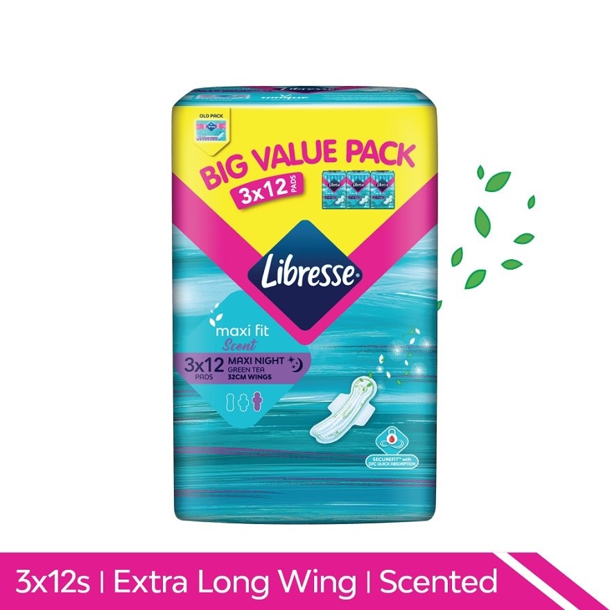 LIBRESSE Green Tea Maxi Night Wing 32ซม. 3x12s