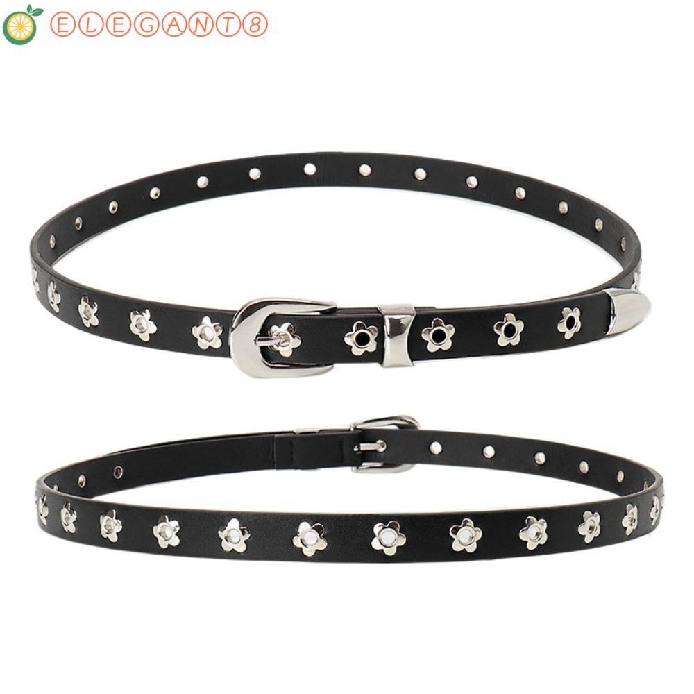 Aelegant เข็มขัดหนัง PU, Y2k Punk ดอกไม้ Rivet เข็มขัด, แฟชั่นปรับ All-match สไตล์เกาหลีสายเอวบางทุกวัน