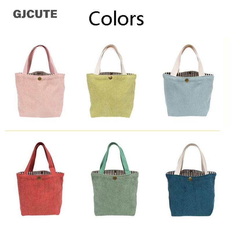 Gjcute กระเป๋าผู้หญิง Corduroy HandBags ถุงอาหารกลางวันแบบใช้ซ้ําได้ Casual Shopping Storage กระเป๋าสไตล์ญี่ปุ่น Vintage สีทึบกระเป๋า WTD