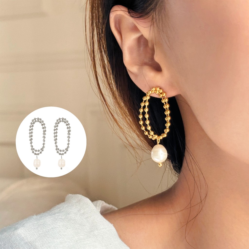 iceblue-Beaded Chain Double Layer พู่ไข่มุกน้ําจืดธรรมชาติจี้หูต่างหู 18K Gold Plated Non Tarnish เครื่องประดับไทเทเนียมเหล็กต่างหูมุกสําหรับผู้หญิง E63