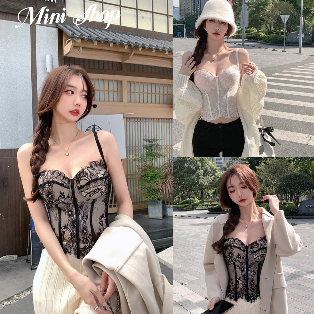 Mini shop🌸พร้อมส่ง🌸(FYL226) เสื้อสายเดี่ยว มีฟองน้ำ สไตล์เกาหลี แต้งลูกไม้ เซ็กซี่มากแม่ รัดรูปสุดปัง
