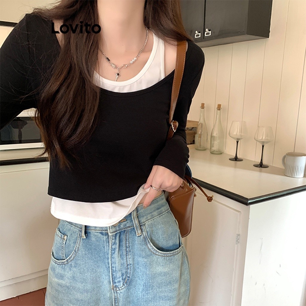 Lovito เสื้อยืดผู้หญิง แต่งปลอม 2 อิน 1 ผ้าแต่งเย็บ สีพื้น สไตล์ลำลอง LNE31226 (ขาว และดำ)