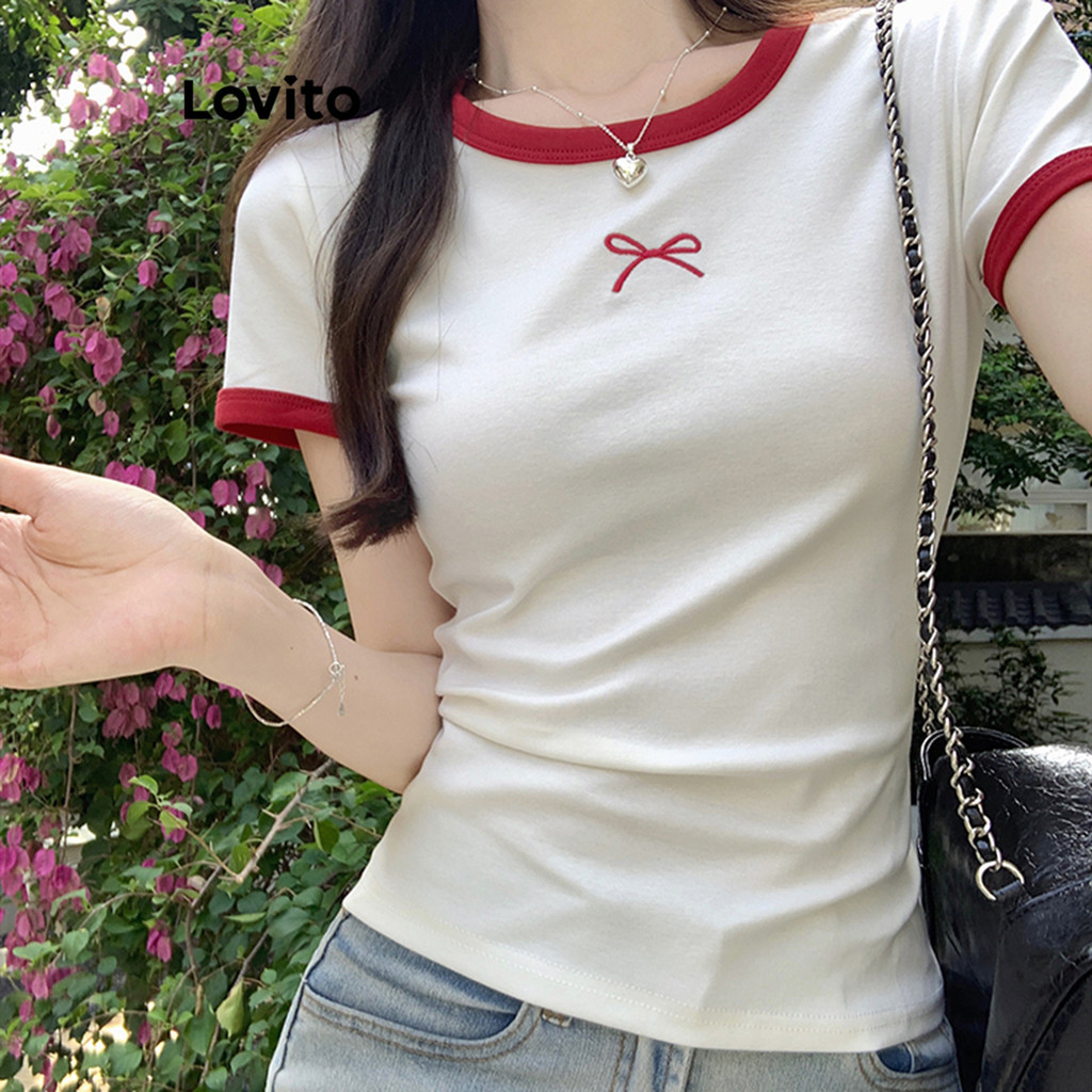 Lovito เสื้อยืดผู้หญิง สีพื้น คัลเลอร์บล็อก สไตล์ลำลอง LNE69360